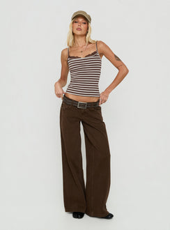 Spring To Summer Lace Trim Top Grey / Brown Stripe