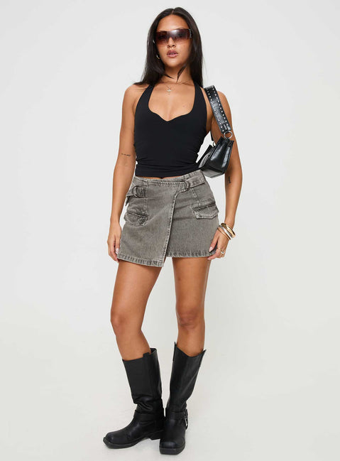   front view of model wearing Princess Polly Bambas Wrap Denim Mini Skirt Washed Green Mini Skirts 