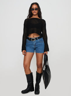 front view of model wearing Princess Polly Saldana Shorts Mid Blue Denim Petite High Waisted Shorts 