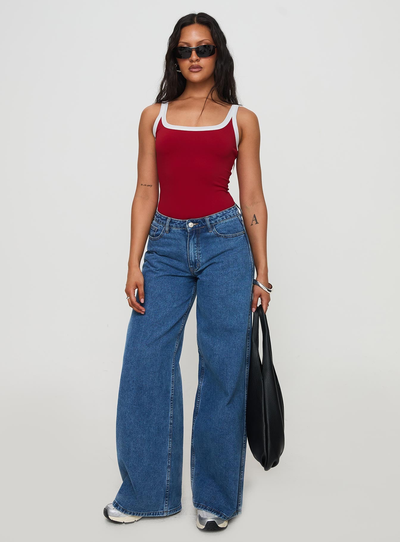 front view of model wearing Princess Polly Astrea Bodysuit Red / White Sleeveless Scoop Neck 