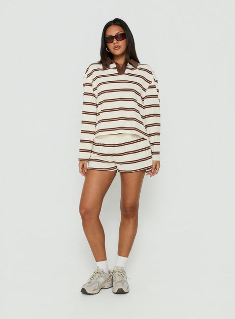 Eddi Long Sleeve Polo Top Cream / Brown Stripe