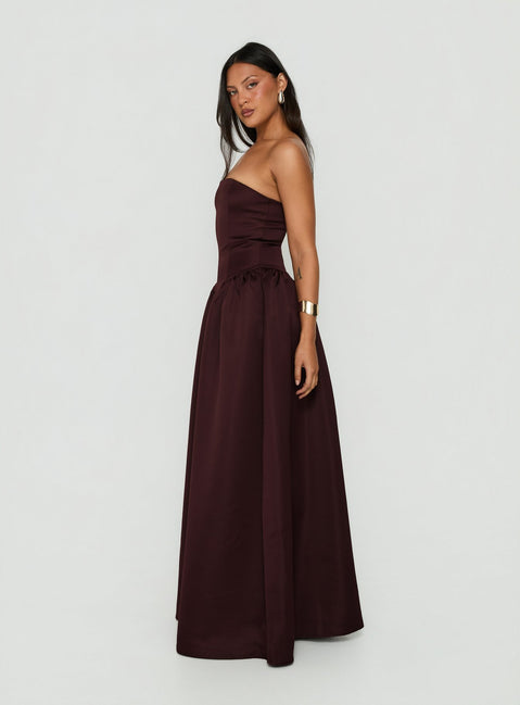 Soft Bloom Drop Waist Strapless Maxi Dress Chocolate