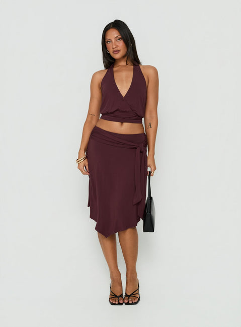 Soft Focus Tie Waist Midi Skirt Plum Noir