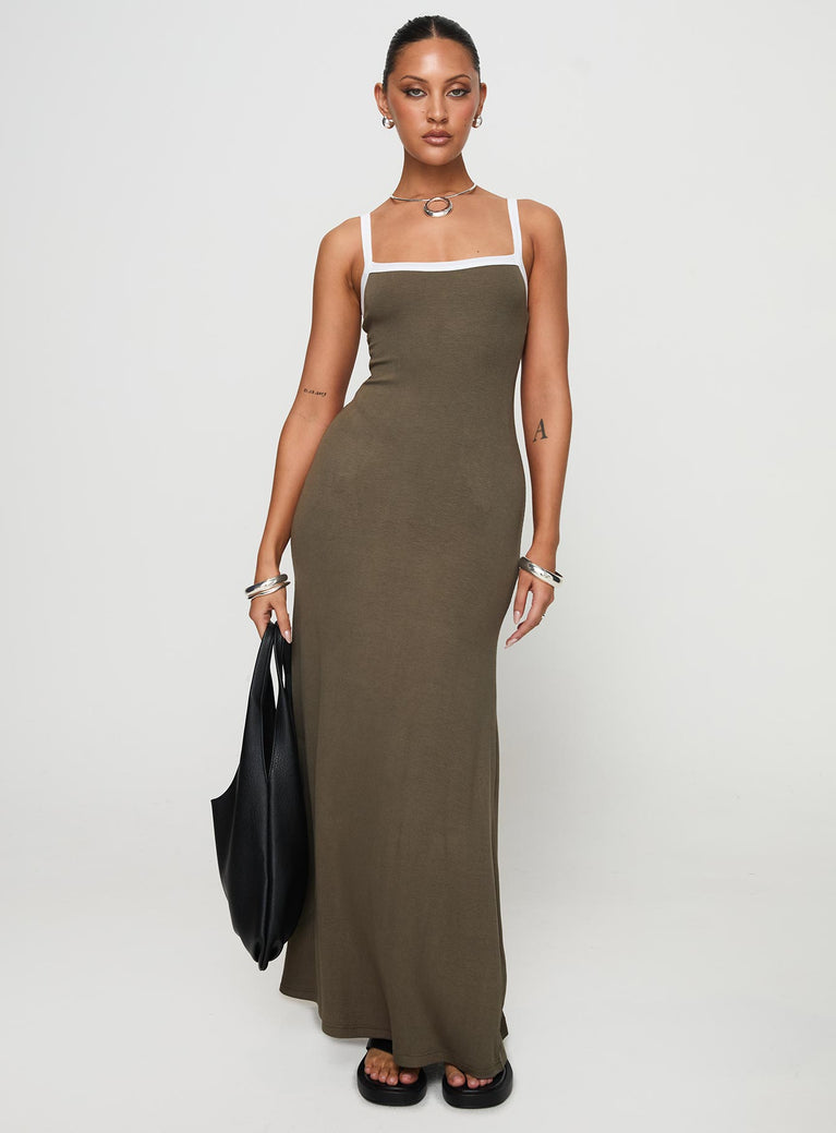 front view of model wearing Princess Polly Austrina Maxi Dress Olive Square Neck 