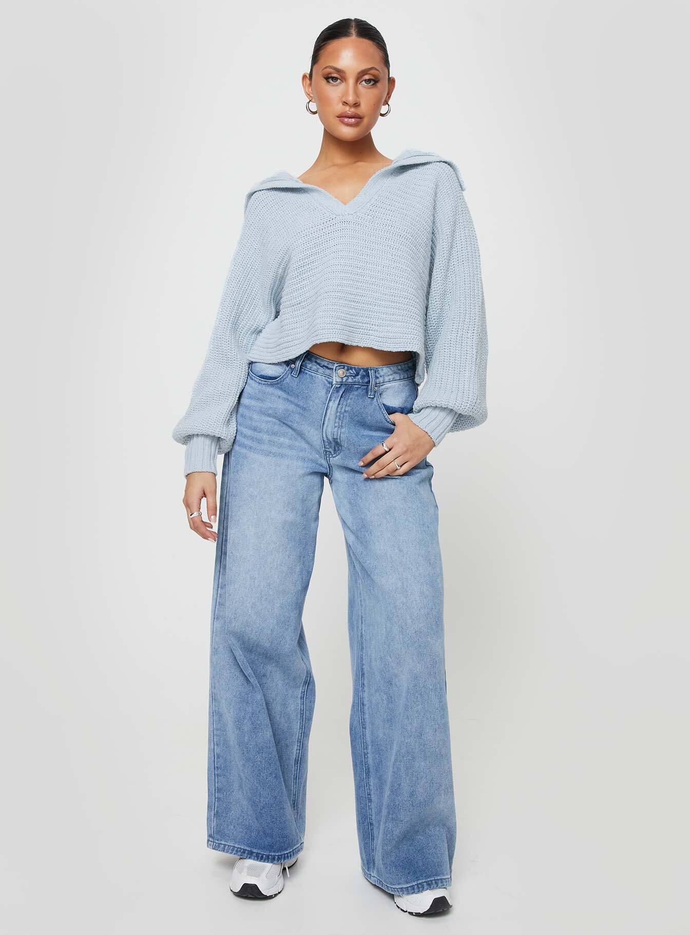 Wester Ribbed Sweater Blue Princess Polly  Cropped 