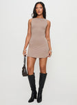 front view of model wearing Princess Polly Karreey Mini Dress Mocha Crew Neck 