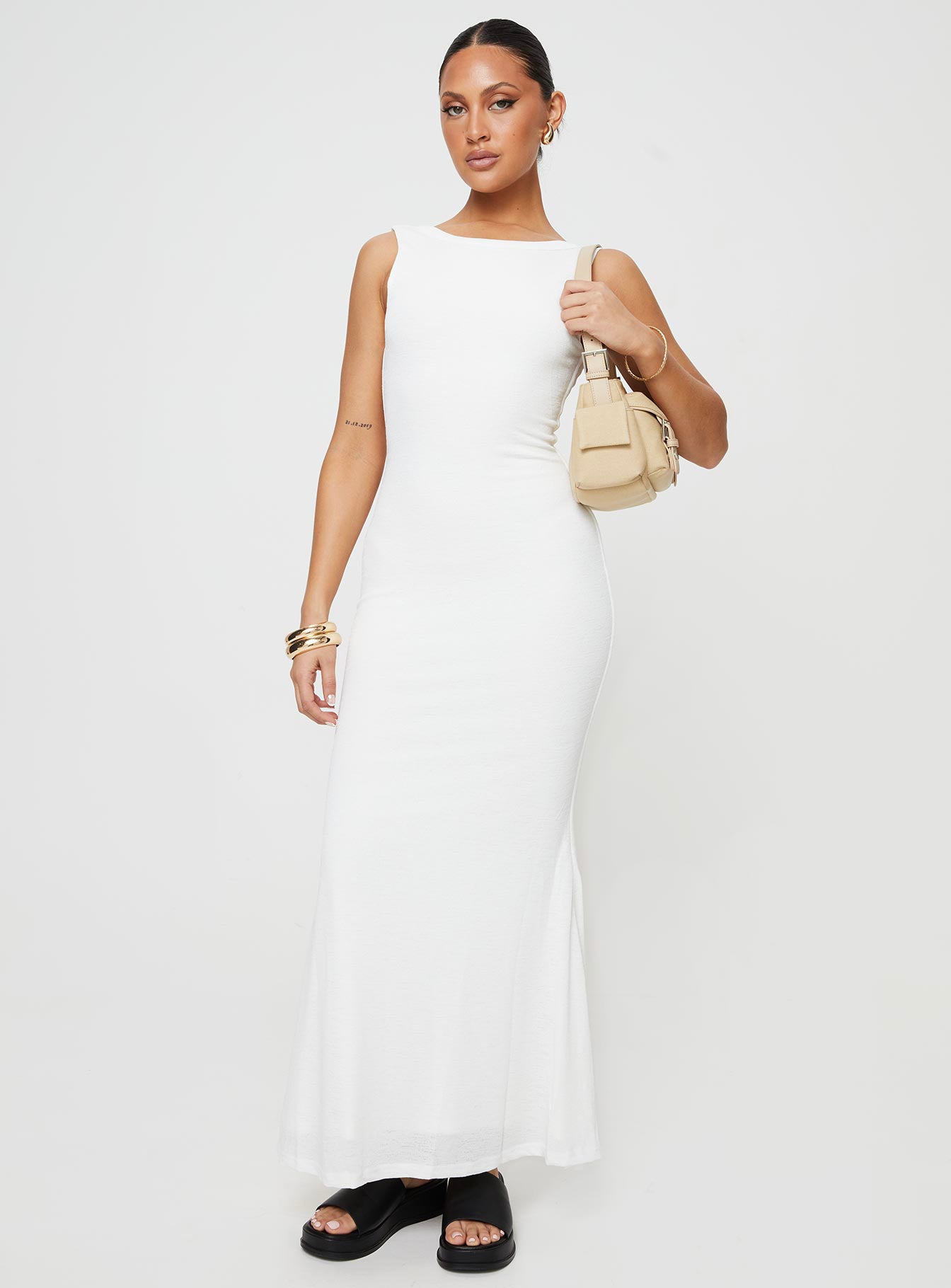 front view of model wearing Princess Polly Ashen Maxi Dress White Boat Neck 