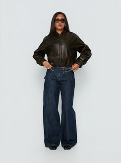 front view of model wearing Princess Polly Paltrow Mid Rise Wide Leg Cargo Jeans Dark Blue Wash Mid Rise Jeans 
