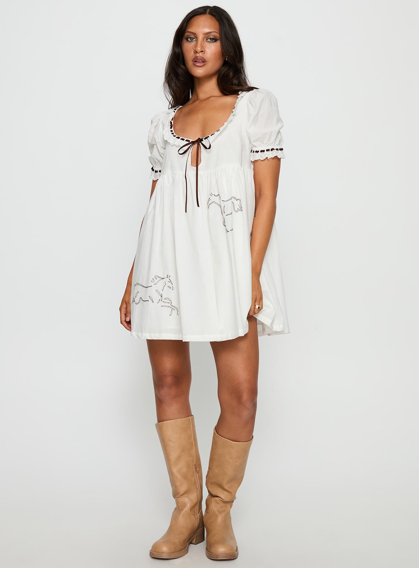 Cloudy Babydoll Contrast Trim Mini Dress White | Princess Polly