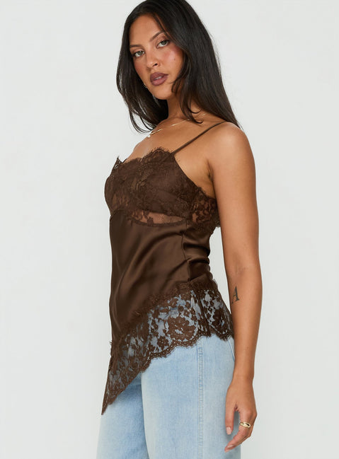 Cleosa Asymmetrical Lace Trim Satin Top Chocolate