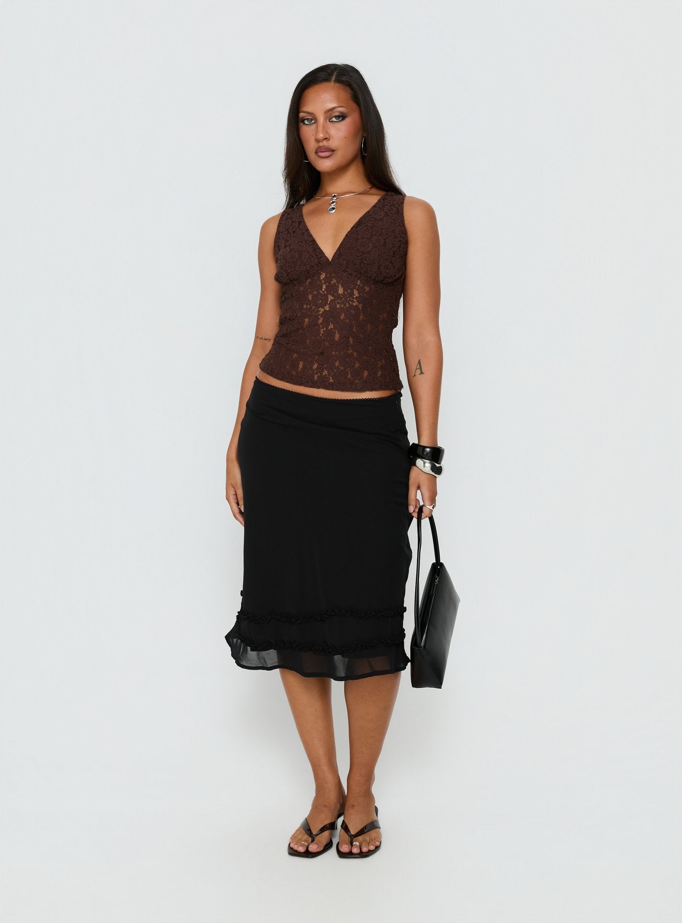 Clarabella Frill Midi Skirt Black | Princess Polly