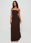 front view of model wearing Princess Polly Bellaire Strapless Maxi Dress Brown Straight Neck 