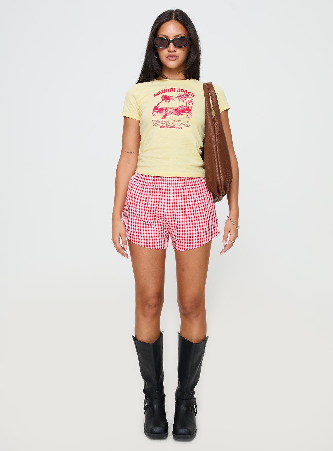 side view of model wearing Princess Polly Surf Club Tee Yellow Short Sleeves Crew Neck 