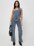 High-rise jeans, mid wash denim Asymmetric waistband, five pockets, zip and button fastening, belt looped waist
