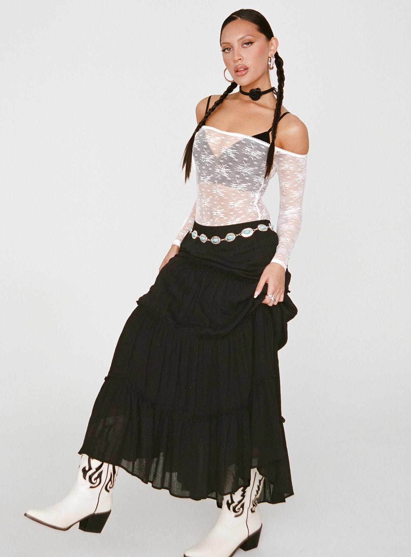 back view of model wearing Princess Polly Mademoiselle Bodysuit White Full Sleeves straight 