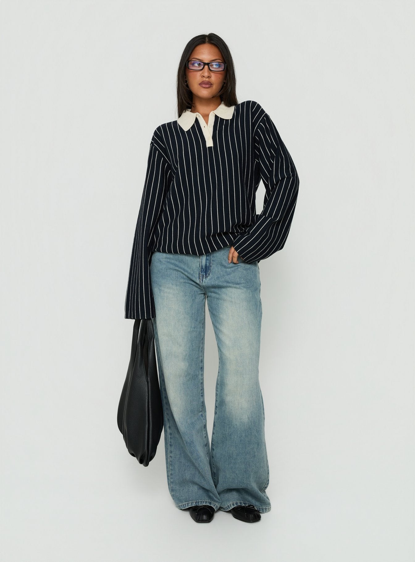 Boarders V Neck Polo Jumper Navy Stripe