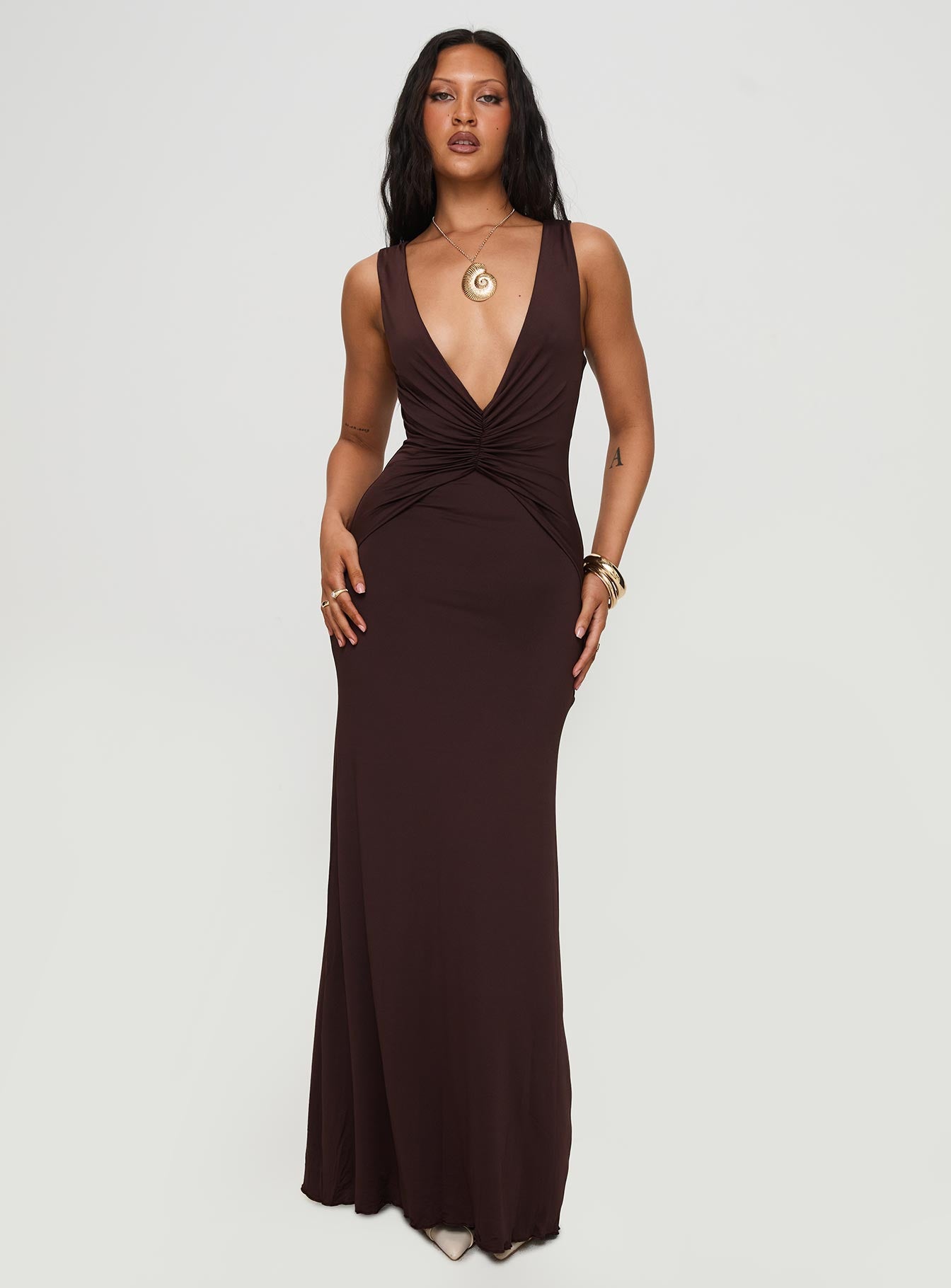 Frederica Plunge Maxi Dress Chocolate | Princess Polly