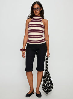 Heide High Neck Fluffy Top Burgundy Stripe