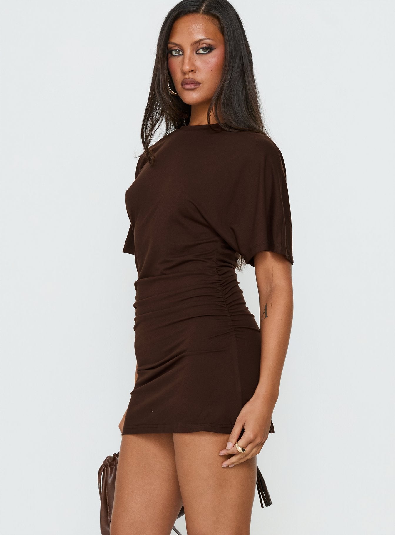 brown ruched shirt dress ANGELEYE Long Sleeve Front Ruched Shirt Dress in Brown Jerse – Tradegala