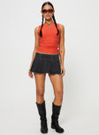 Low rise mini skirt Belt looped waist, zip fastening at side, pleated design, built-in shorts