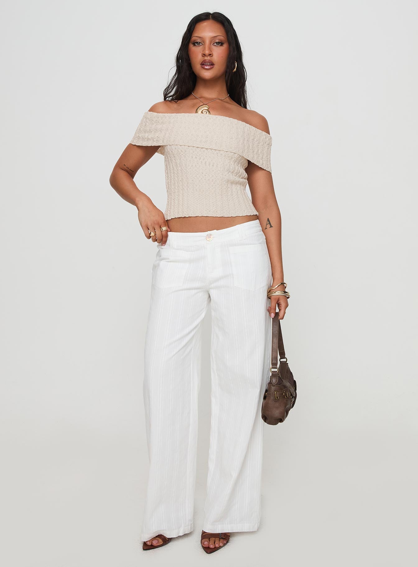 Murmur Off Shoulder Top Beige | Princess Polly