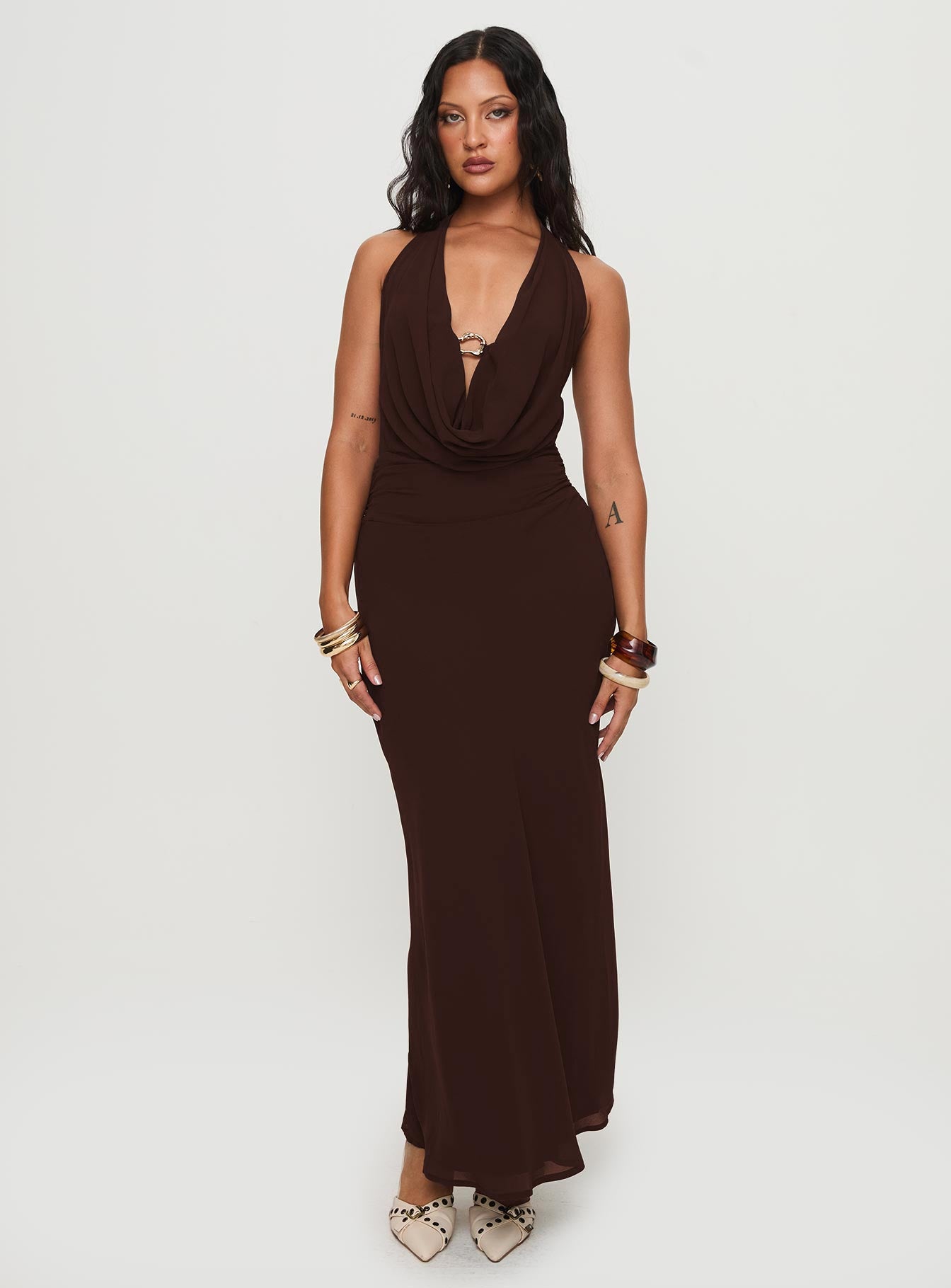 Alejandria Cowl Neck Maxi Dress Chocolate | Princess Polly