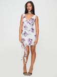 front view of model wearing Princess Polly Varney Frill Mini Dress White / Purple Floral Plunger 