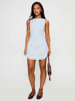 front view of model wearing Princess Polly Alfalfa Mini Dress Blue Check Crew Neck 