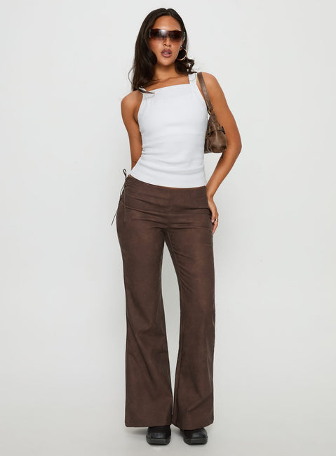 front view of model wearing Princess Polly Trickrider Tie Side Faux Leather Pants Chocolate Mid Rise Pants 