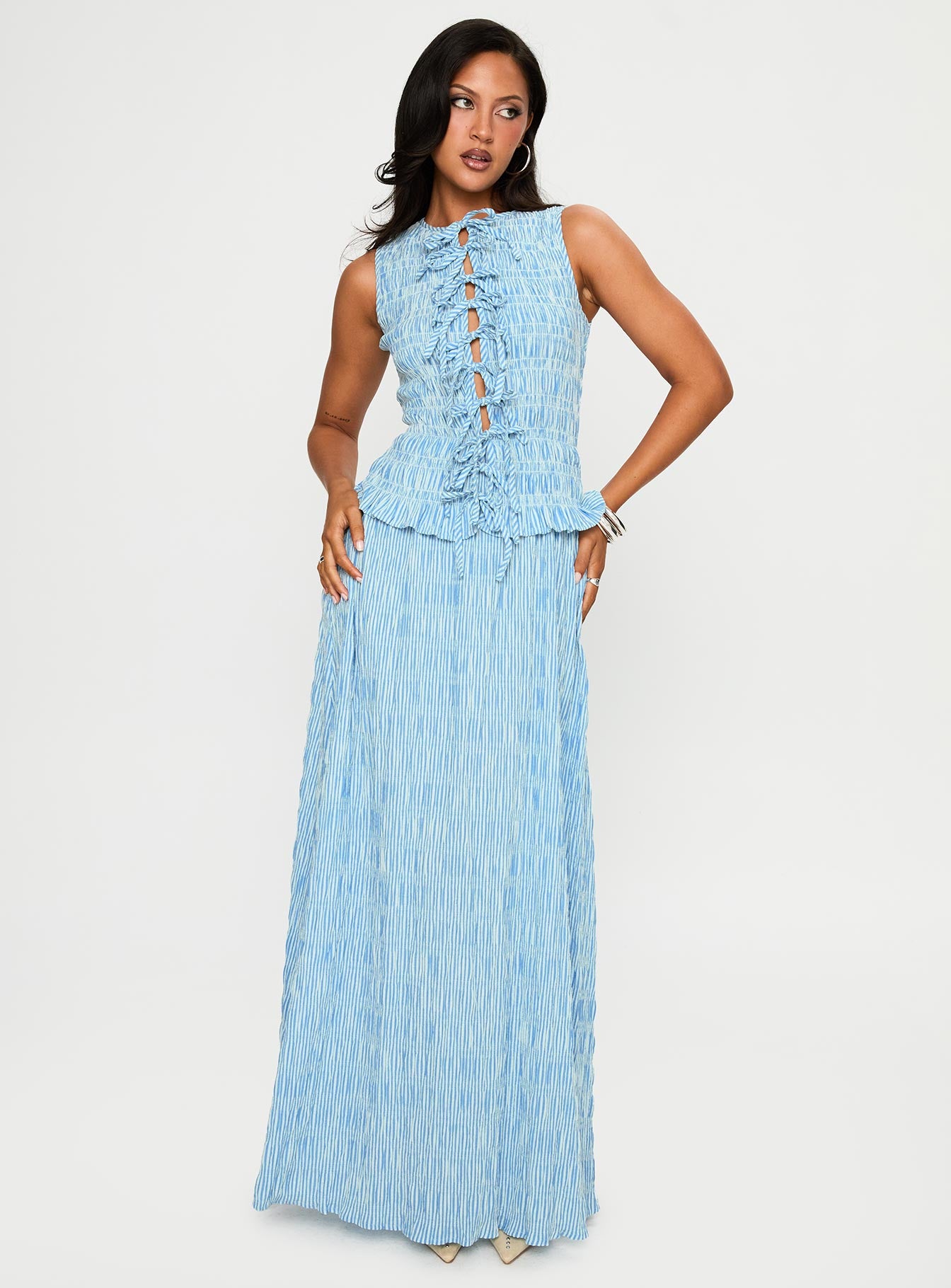 front view of model wearing Princess Polly Songbird Shirred Maxi Dress Blue Crew Neck 