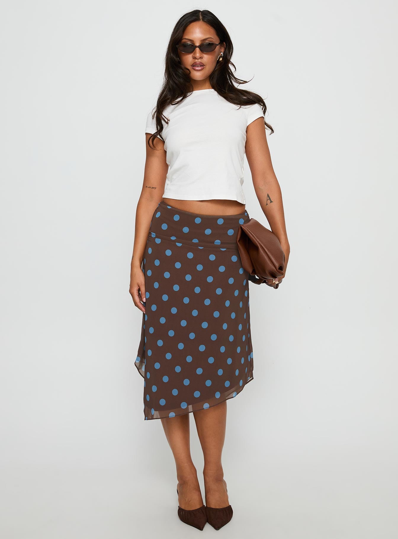 Daphene Asymmetrical Midi Skirt Brown / Blue Polka Dot | Princess