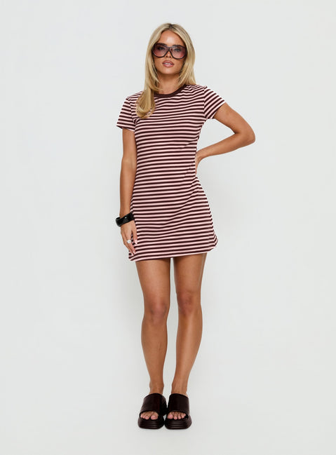 Settle Down Short Sleeve Mini Dress Pink / Brown Stripe