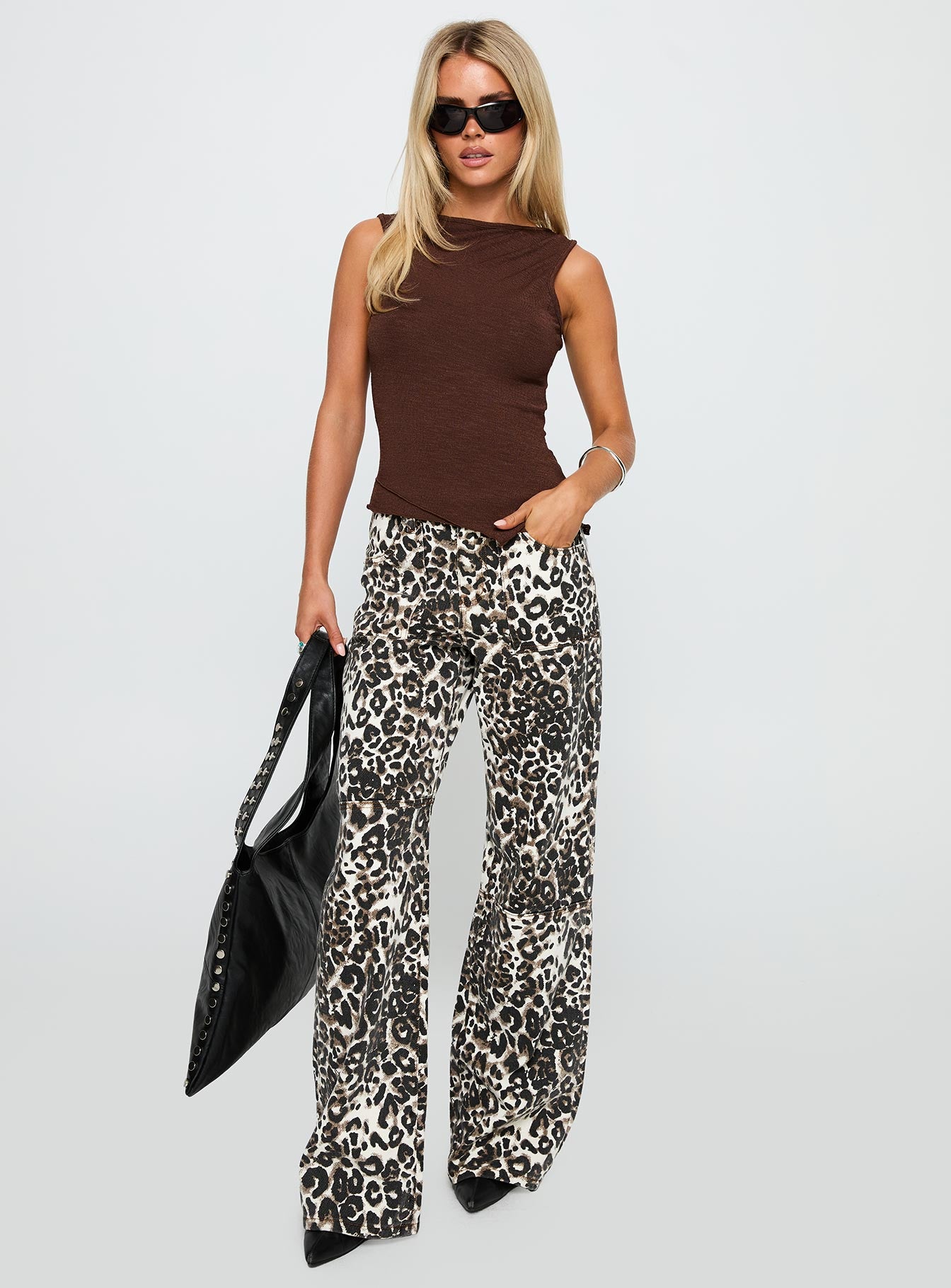 front view of model wearing Princess Polly Lefort Tank Top Chocolate Sleeveless Crew Neck 