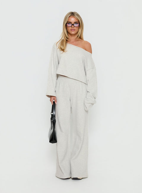 front view of model wearing Princess Polly Retreat Raw Edge Off Shoulder Jumper Snow Marle cropped 