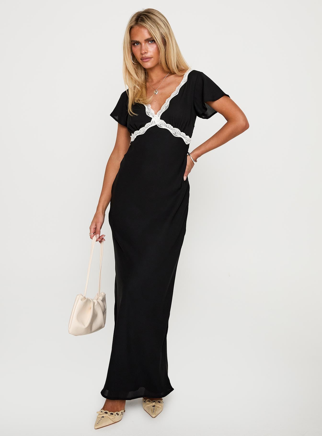 side view of model wearing Princess Polly Barbarita Lace Maxi Dress Black V-Neck 