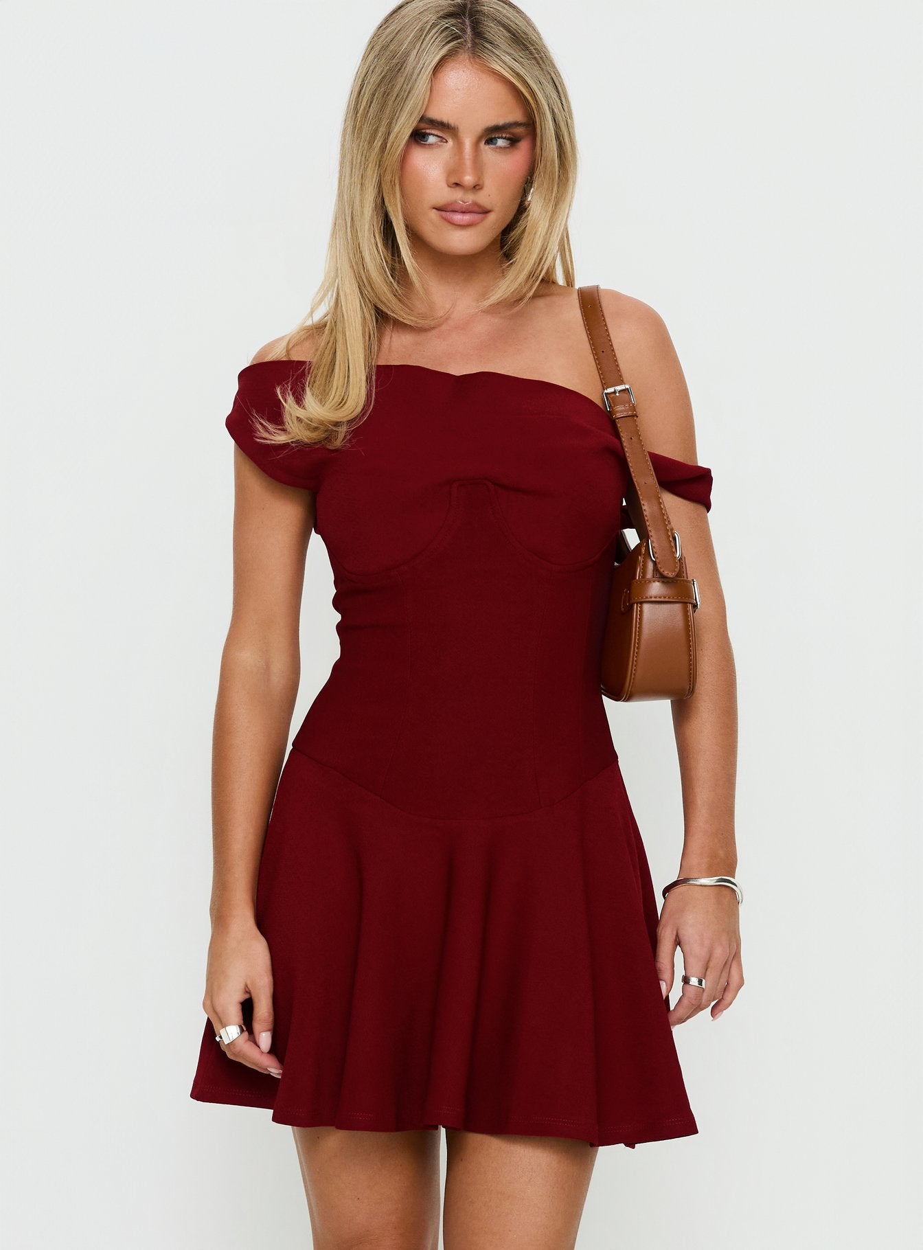 Delcina Off Shoulder Corset Mini Dress | Burgundy | Womens | Princess Polly Delcina Off Shoulder Corset Mini Dress | Burgundy | Womens | Princess Polly