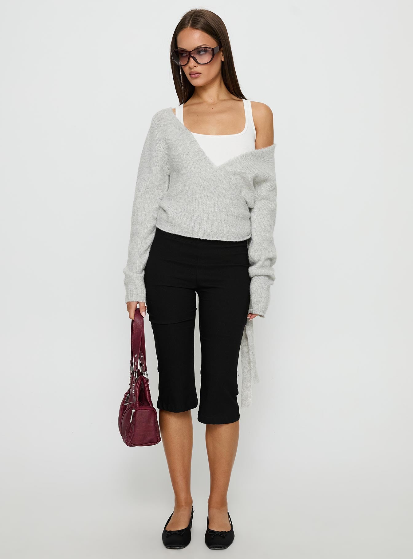 front view of model wearing Princess Polly Tonee Wrap Knit Cardigan Grey Cropped Jumpers 