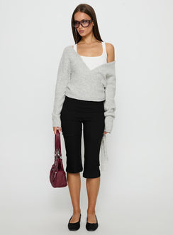 front view of model wearing Princess Polly Tonee Wrap Knit Cardigan Grey Cropped Jumpers 