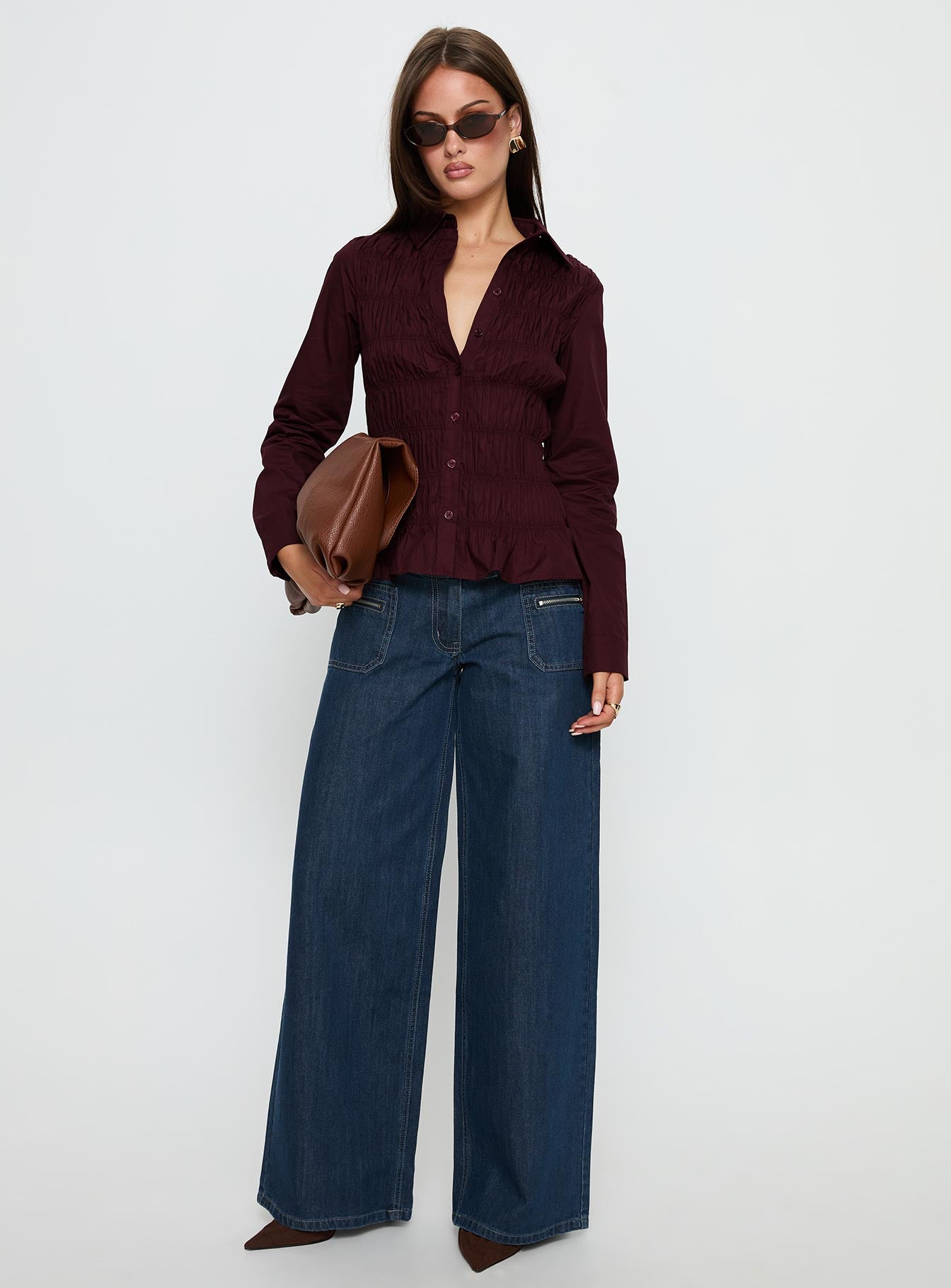 Cultivate Shirred Long Sleeve Top Plum