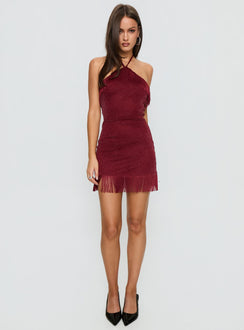 Isabelita Halter Fringe Mini Dress Burgundy | Princess Polly Isabelita Halter Fringe Mini Dress Burgundy | Princess Polly