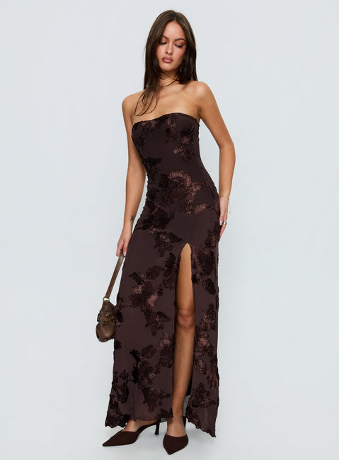 Maribeth Strapless Floral Maxi Dress Chocolate Brown | Princess Polly Maribeth Strapless Floral Maxi Dress Chocolate Brown | Princess Polly