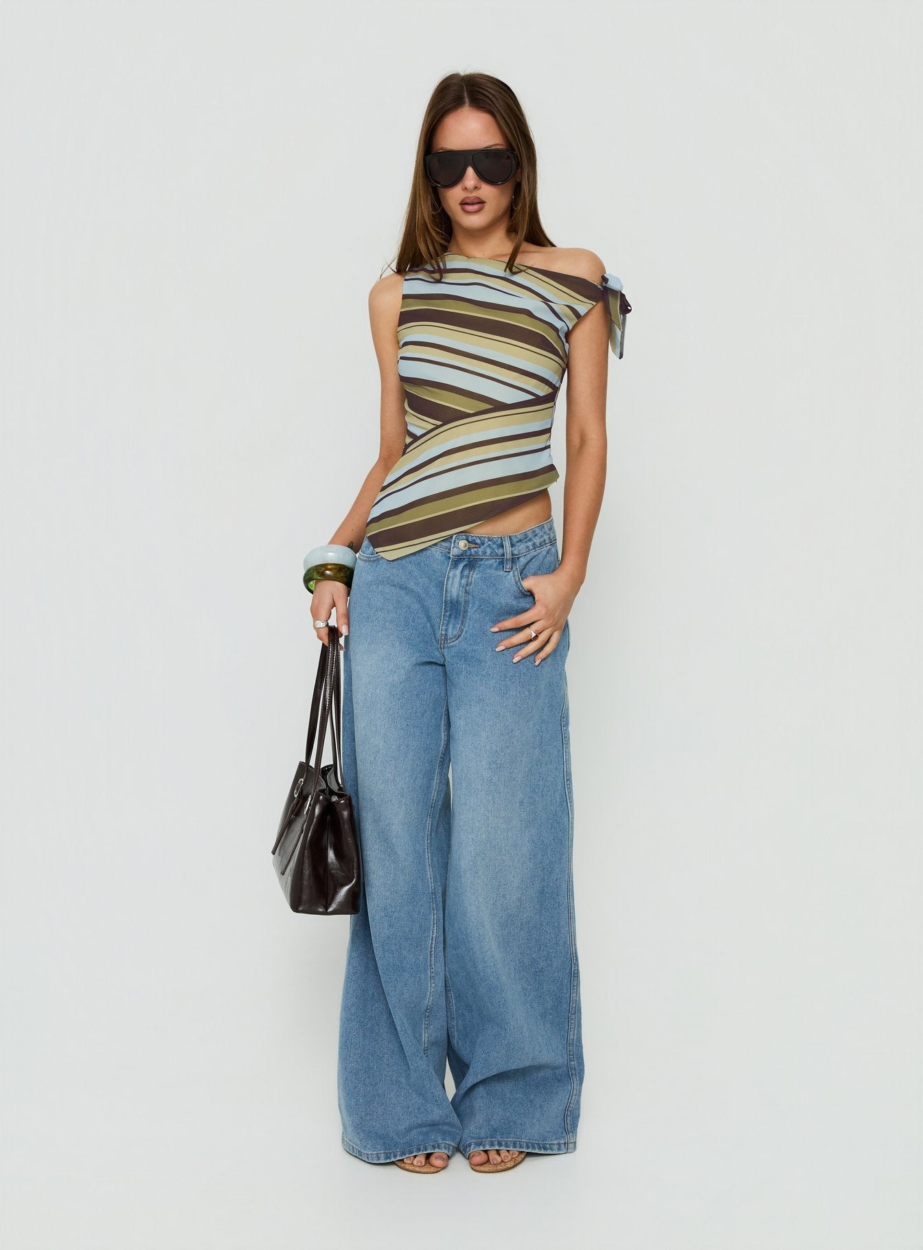 Ambrozia Asymmetrical Top Green Multi Stripe