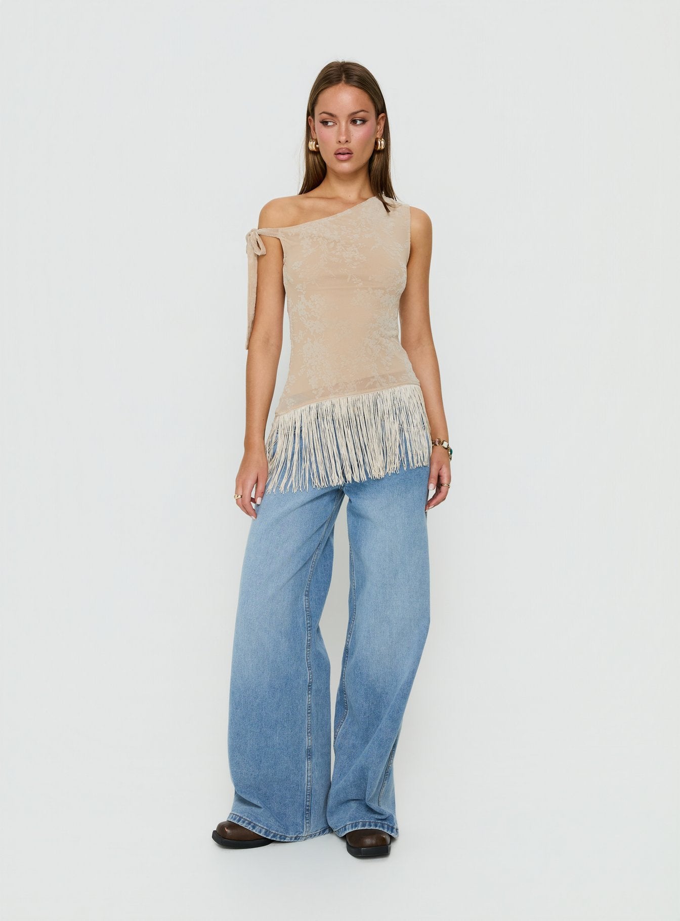 Astada One Shoulder Fringe Top Beige Floral | Princess Polly