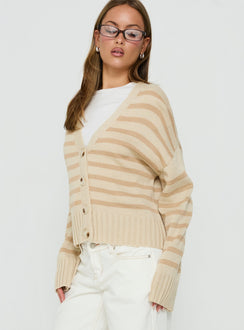 Crafted for comfort, the Karlson Striped Cardigan womens-jumpers with short oversized fit side view of model wearing Princess Polly