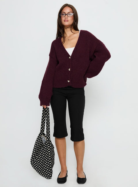 front view of model wearing Princess Polly Yasmyn Knit Cardigan Burgundy 