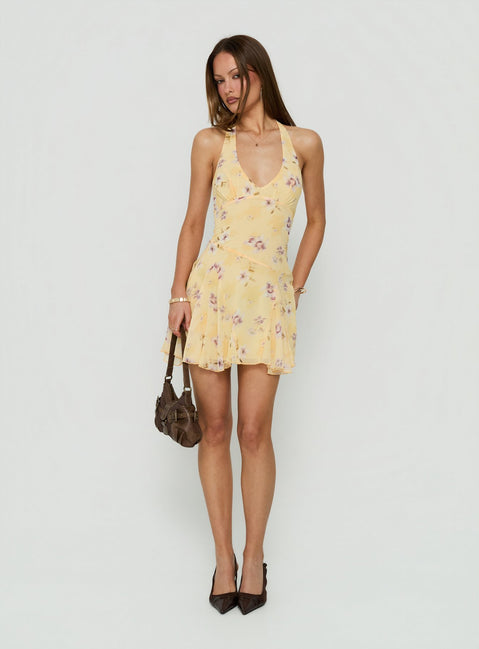Isidorah Halter Pleat Mini Dress Blurred Yellow Floral