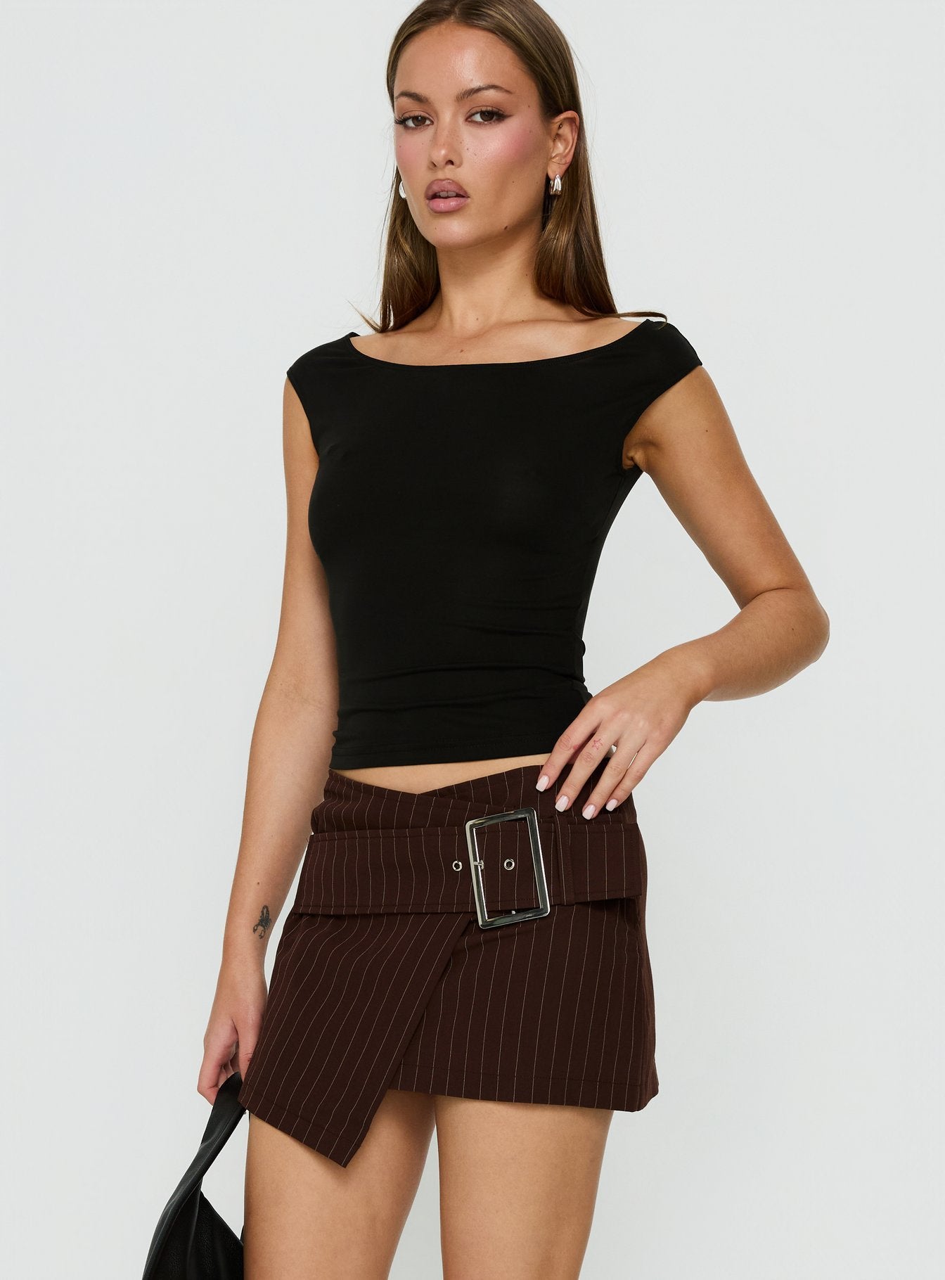 Myrienne Belted Mini Skirt Brown Pinstripe | Princess Polly