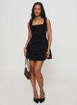 side view of model wearing Princess Polly Oliveah Frill Mini Dress Black Square Neck 