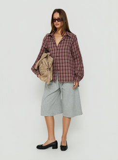 Caydence Long Sleeve Button Down Flannel Top Burgundy Check