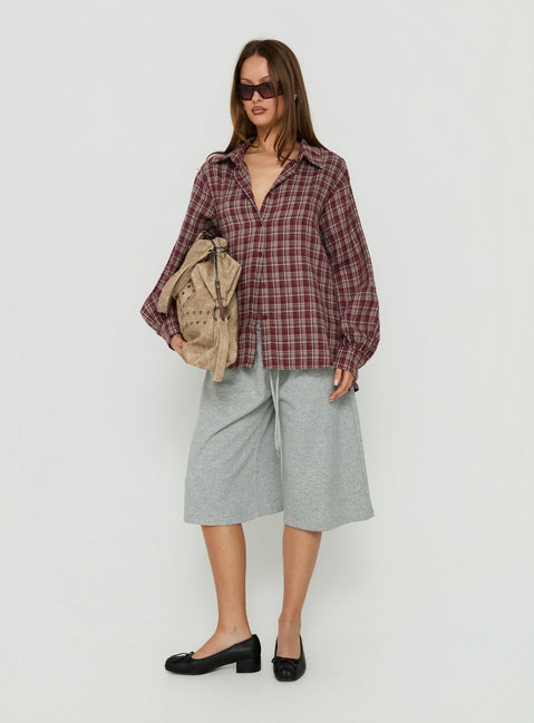 Caydence Long Sleeve Button Down Flannel Top Burgundy Check